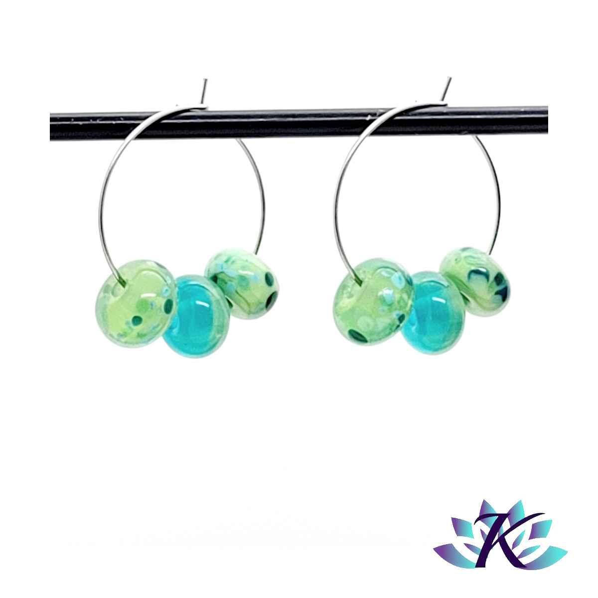 Boucles d' Oreilles Créoles Perles Verre Filé - Confettis - Bleu - Vert