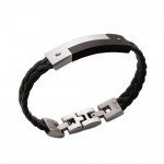 Bracelet Homme Acier Ruthenium Cordon Cuir Noir Tress 10mm